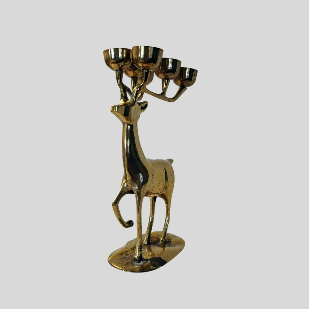 Vintage Brass Deer Candleholder, Reindeer Candelabra, 14" Mantel Stag Figurine - Picture 7 of 11